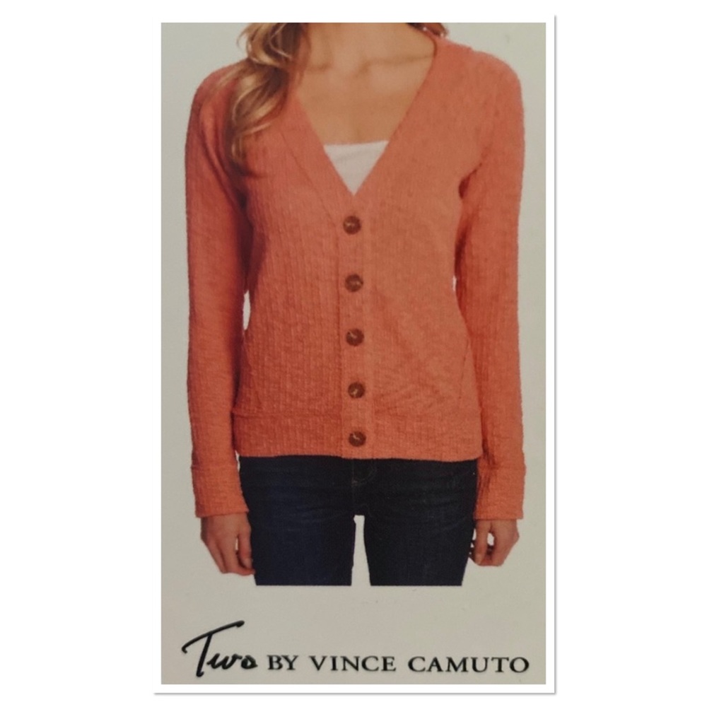 Two by Vince Camuto Cotton Blend Button Down Cardigan Knit Sweater Sz M Peach